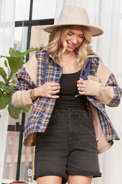 BUTTON DOWN PLAID HOODIE SHACKET