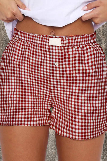 RED PLAID GINGHAM PRINTED HIGH WAIST SHORTS