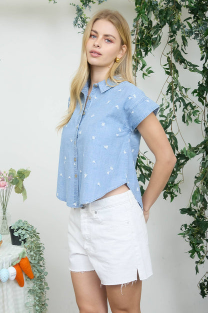 EMBROIDERED FLORAL PATTERN BUTTON DOWN DENIM SHIRT