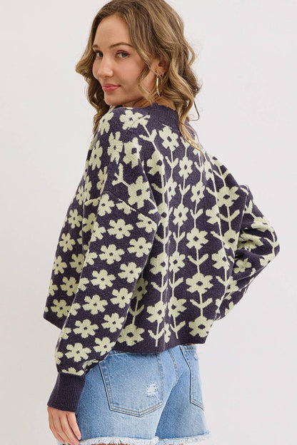 COZY PLAYFUL CASUAL FLORAL PRINT SWEATER KNIT CARDIGAN