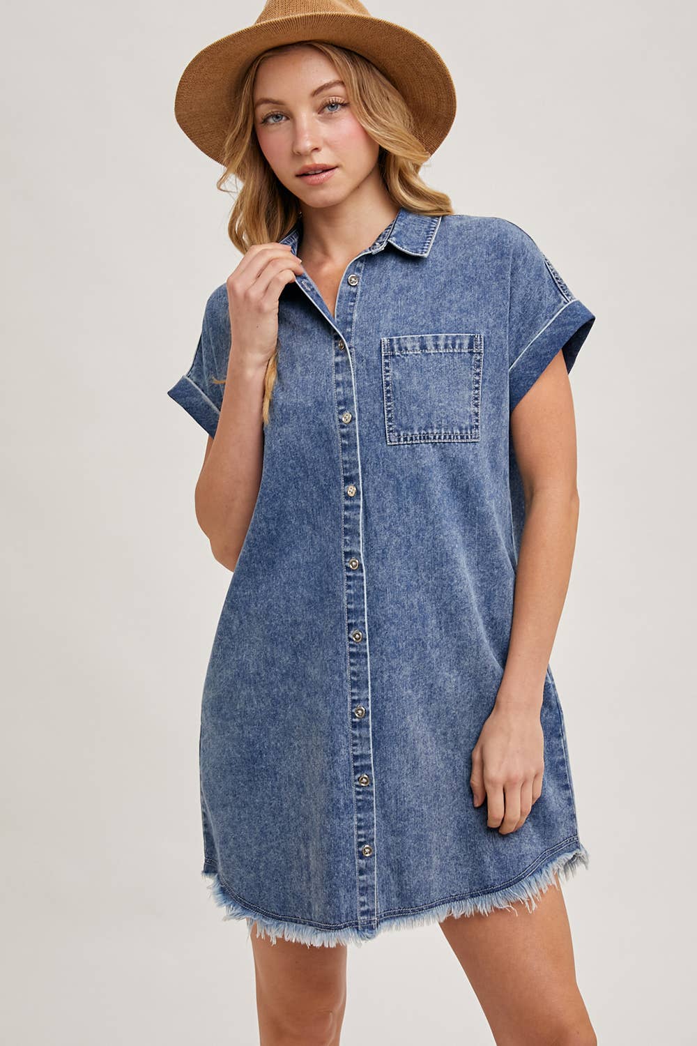 FRAYED HEM DENIM SHIRT DRESS