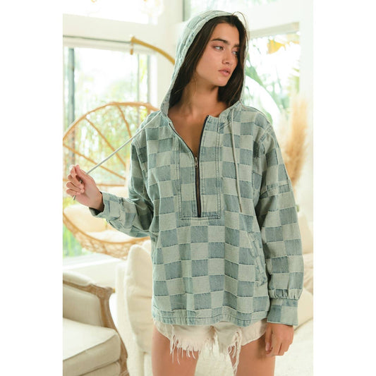 WASHED CHECKER DENIM HALF ZIP UP HOODIE