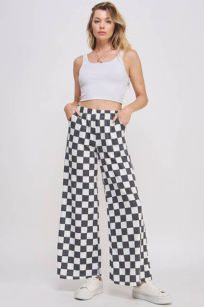 BLACK + WHITE HIGH WAIST CHECKERED STRAIGHT LEG KNIT PANTS