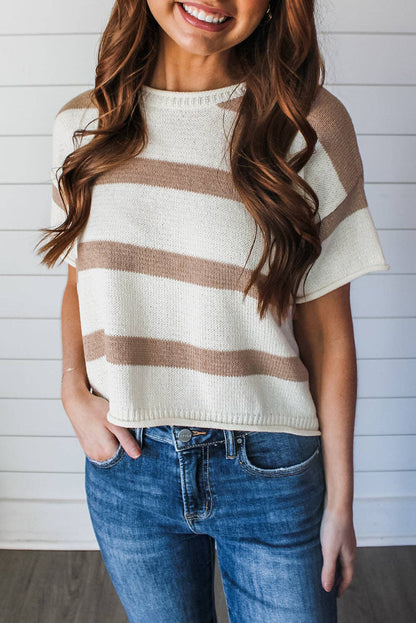 Lovesoft - Khaki Stripe Dropped Short Sleeve Lightweight Knitted Top
