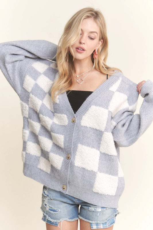 PUFF SLEEVE CHECKER CARDIGAN