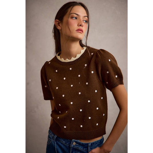 POLKA DOT SCALLOP NECK EDGE PUFF SHORT SLEEVES KNIT TOP