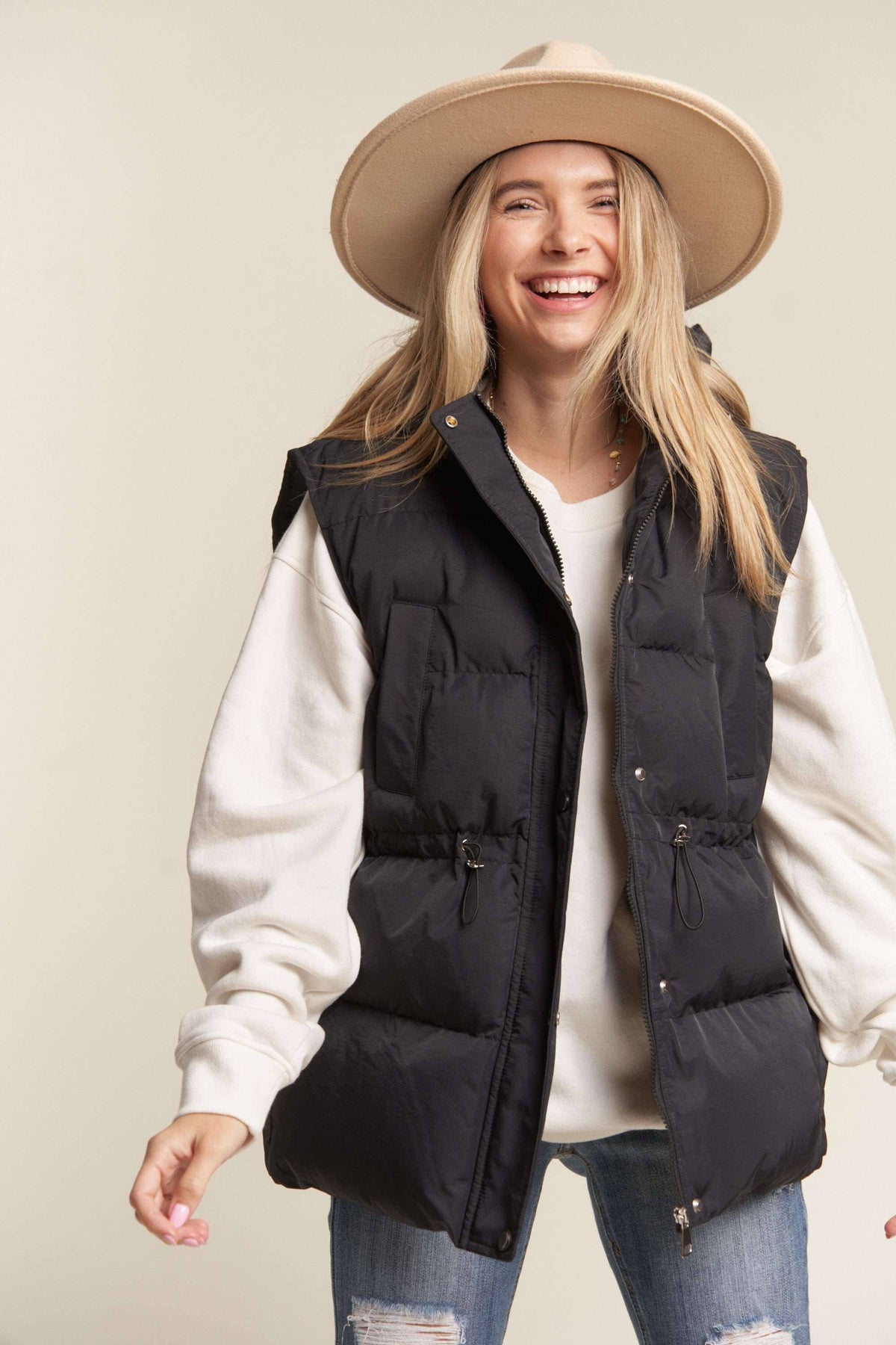 BLACK DRAWSTRING WAIST PUFFER HOODIE VEST
