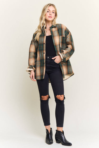ADORA LA - CEJ4140-PLAID SHERPA-LINED BUTTON DOWN SHACKET: Navy / S-M-L(2-2-2)