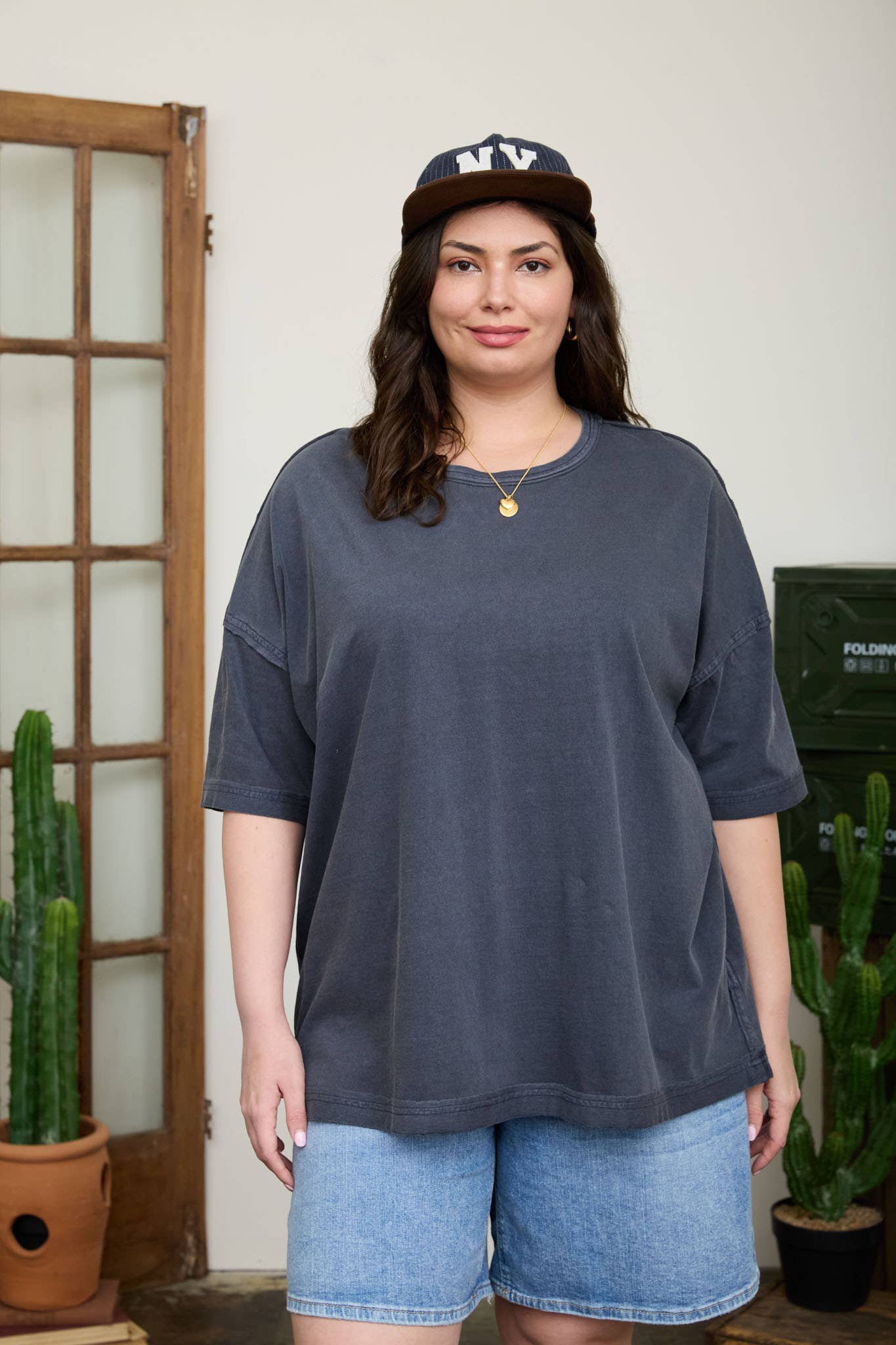 PLUS WASHED EXPOSED SEAM RELAXED KNIT T-SHIRT: NAVY