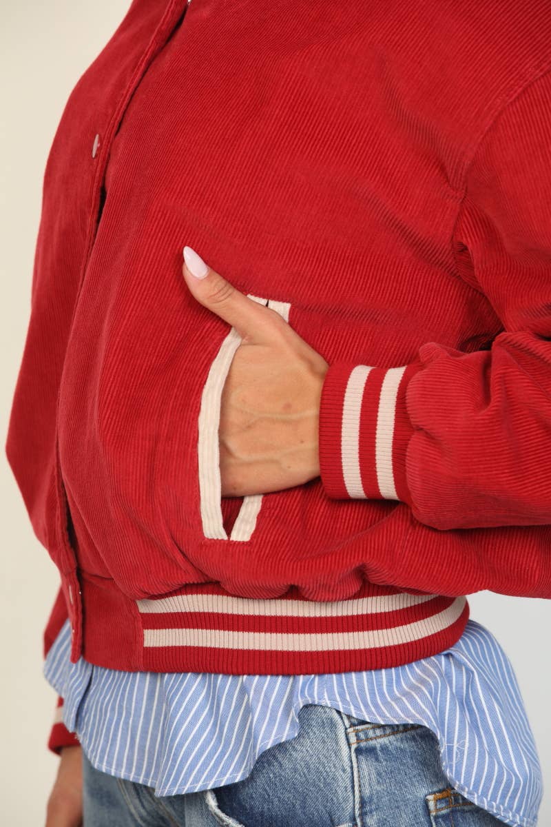 26 International - Corduroy Snap Front Oversized Varsity Jacket: Red Combo / L