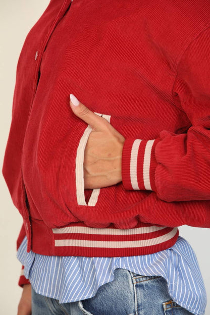 26 International - Corduroy Snap Front Oversized Varsity Jacket: Red Combo / L