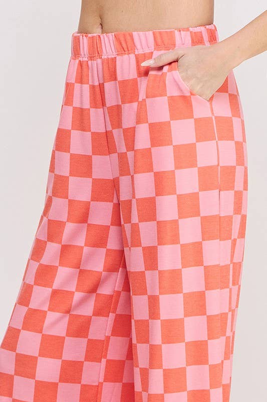 JADE BY JANE - HIGH WAIST CHECKERED STRAIGHT LEG KNIT PANTS: PINK/BROWN / XL