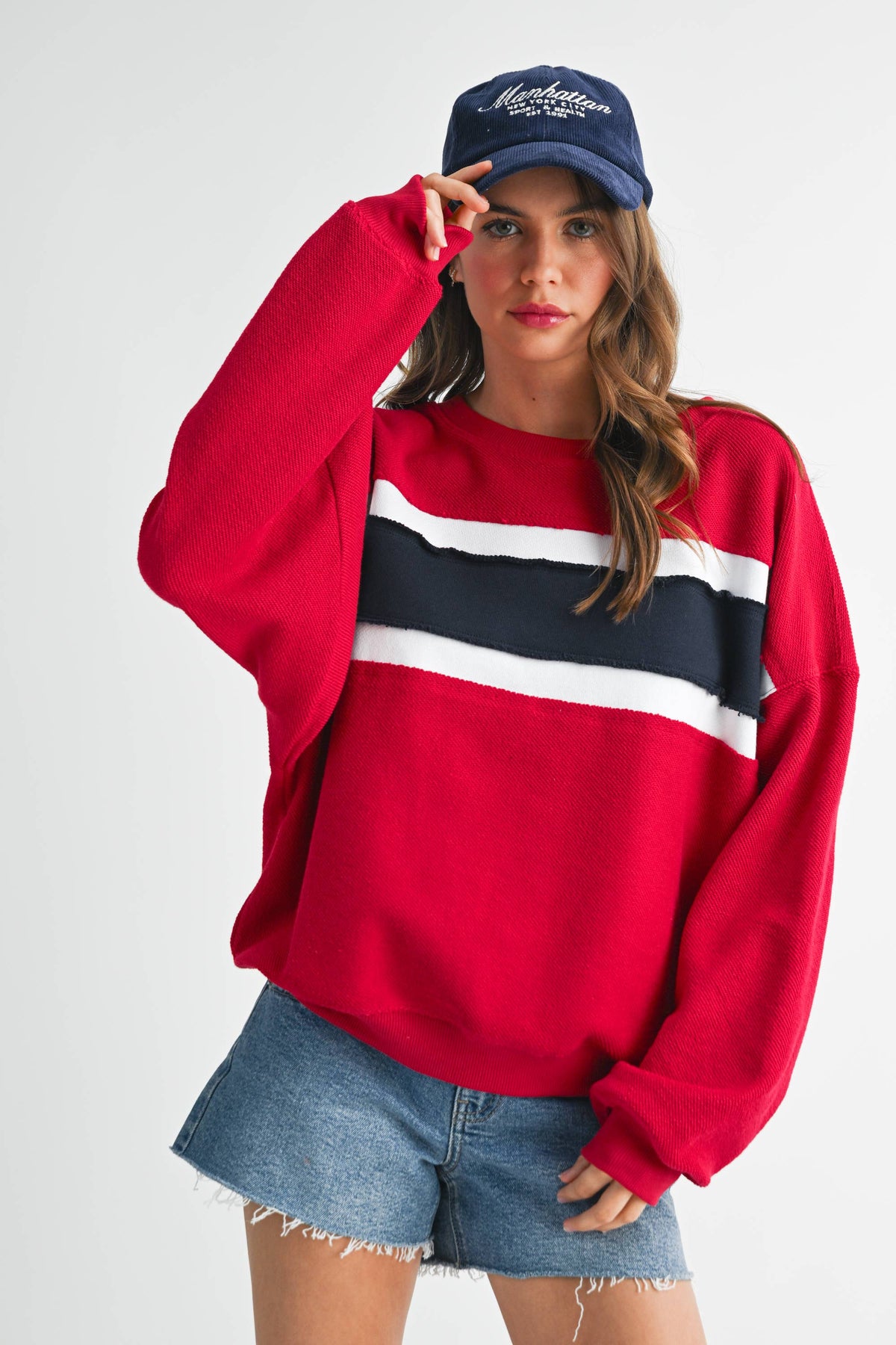 AEMI + CO - 846AD Winnie Sweatshirt: Navy/Ivory/Tan / L / Top