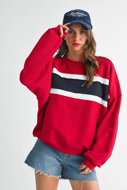 AEMI + CO - 846AD Winnie Sweatshirt: Navy/Ivory/Tan / L / Top