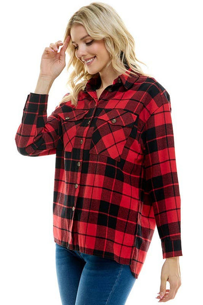 RED WOMEN'S OVERSIZED PLAID SHIRT