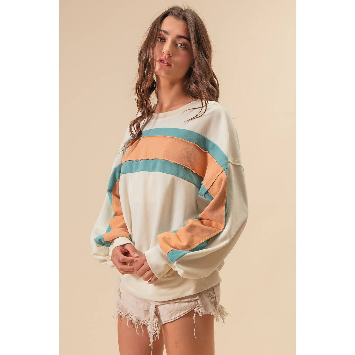 BiBi - FRENCH TERRY COLOR BLOCK SWEATSHIRT: INDIGO/MUSTARD/IVORY / XL