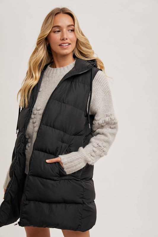 BLACK OR BEIGE HOODED ZIPPER DOWN LONGLINE PUFFER VEST