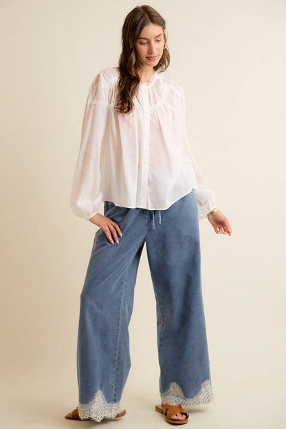 LACE TRIM WIDE LEG ELASTIC MID RISE DENIM PANTS