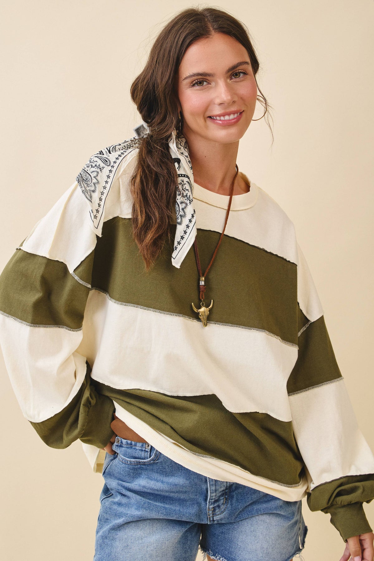 AEMI + CO - 8551GN Oversized Color Block Long Sleeve Pullover: Terracotta Butter / Contemporary / S