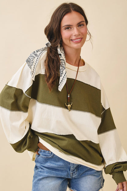 AEMI + CO - 8551GN Oversized Color Block Long Sleeve Pullover: Terracotta Butter / Contemporary / S