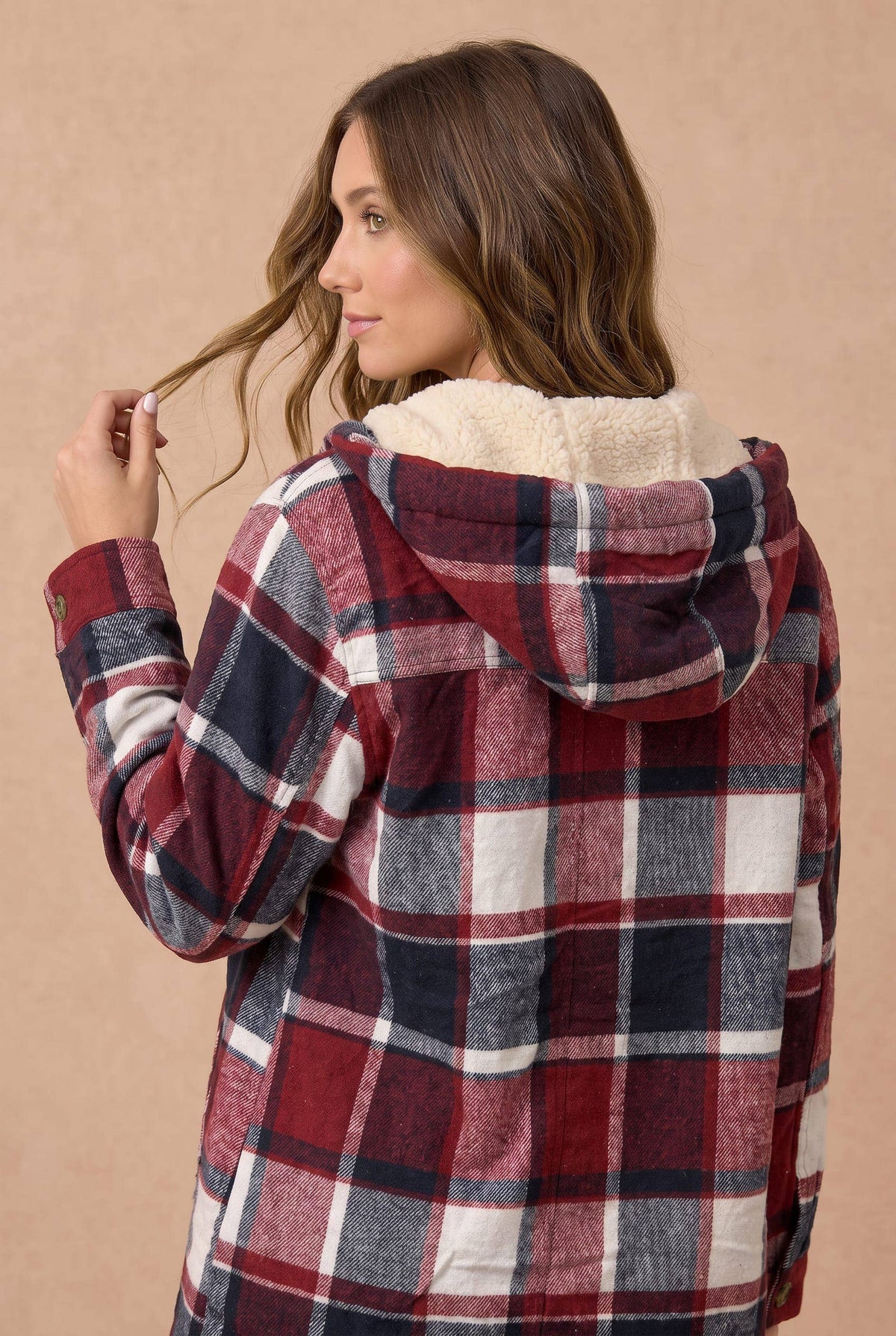 Haptics - Plaid Button Up Jacket With Fur Lined Hood: WINE / S