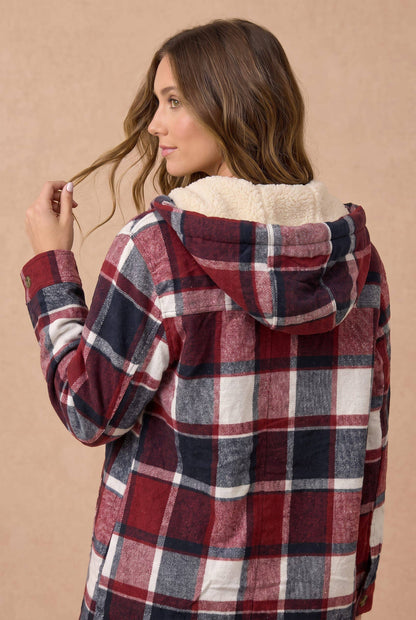 Haptics - Plaid Button Up Jacket With Fur Lined Hood: WINE / S