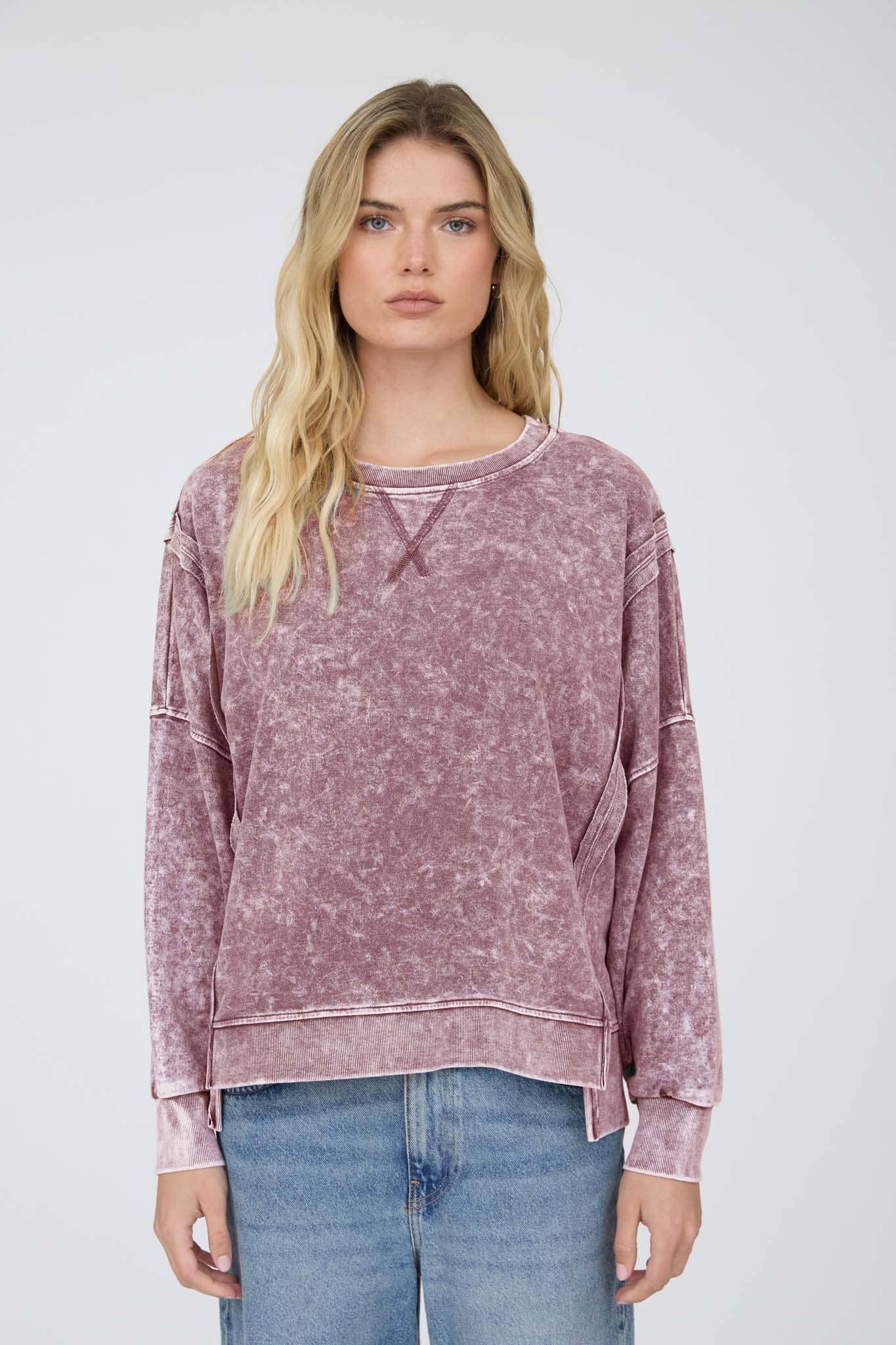 Blu Pepper - ACID WASH LONG SLEEVE SIDE SLIT KNIT TOP: INDIGO BLUE