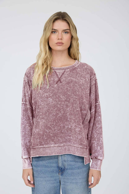 Blu Pepper - ACID WASH LONG SLEEVE SIDE SLIT KNIT TOP: INDIGO BLUE