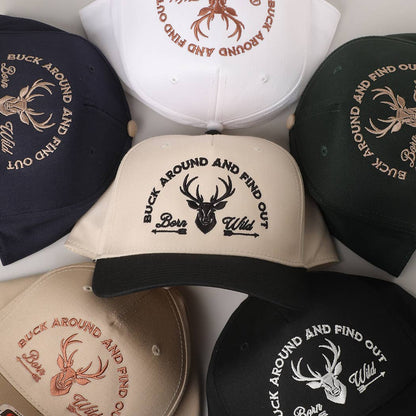 BUCK AROUND AND FIND OUT EMBROIDERED TRUCKER HAT