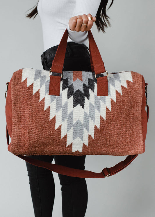 RUST, CREAM + GRAY AZTEC DUFFEL.