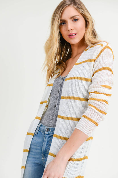 Doe and Rae - L/S Ribbed Xlong Open Cardigan - 1070C: Taupe/White / M