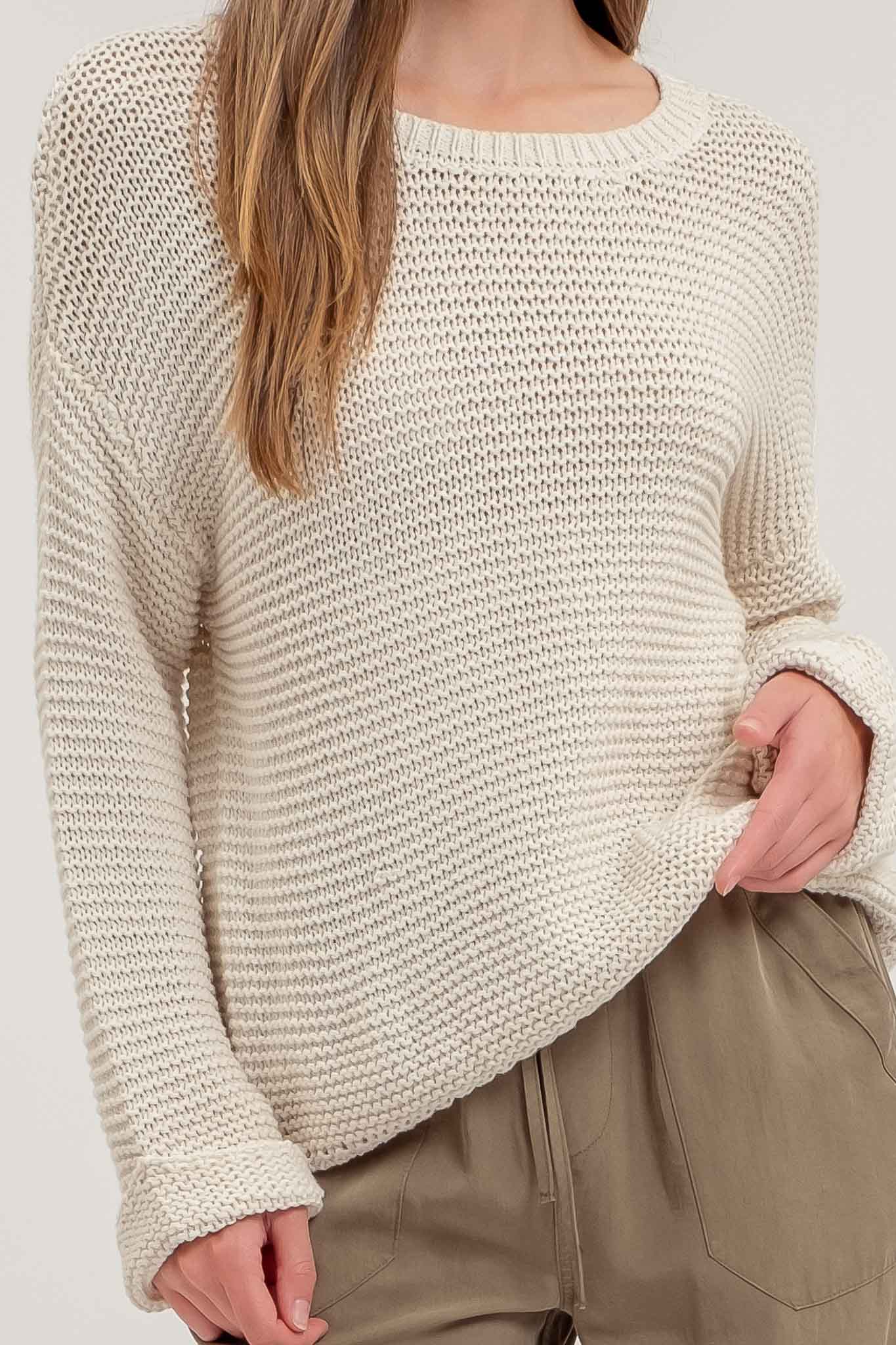 CHUNKY KNIT LONG CUFF SLEEVE PULLOVER SWEATER CREAM