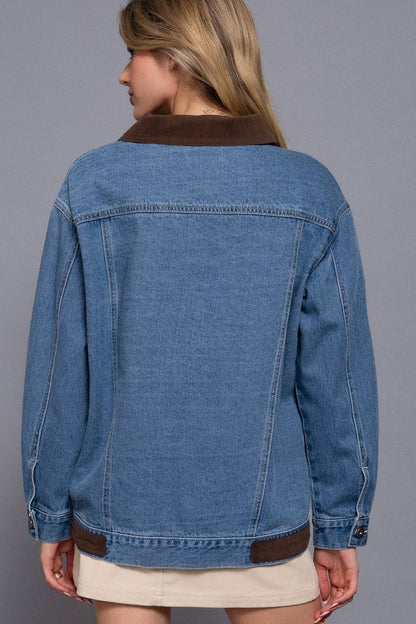 LONG SLEEVE CONTRAST COLLAR DENIM JACKET