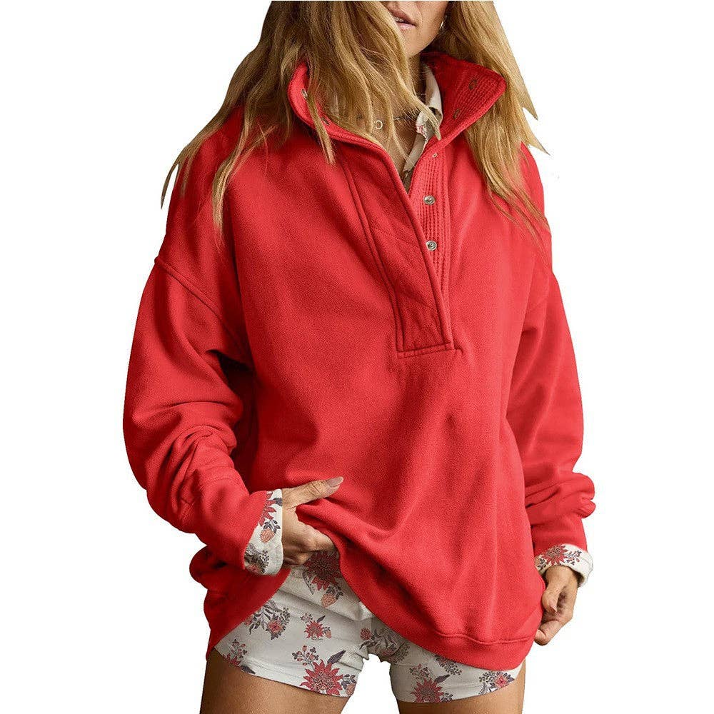 Lovesoft - Solid Fleece Sweatshirt Casual Oversized Snap Collar: Light Gray / 65%Polyester+30%Viscose   +5%Elastane / S
