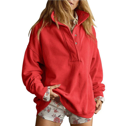 Lovesoft - Solid Fleece Sweatshirt Casual Oversized Snap Collar: Navy / 65%Polyester+30%Viscose   +5%Elastane / L