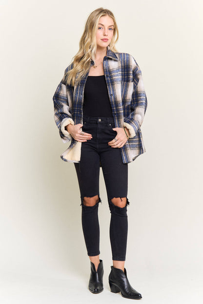 ADORA LA - CEJ4140-PLAID SHERPA-LINED BUTTON DOWN SHACKET: Navy / S-M-L(2-2-2)