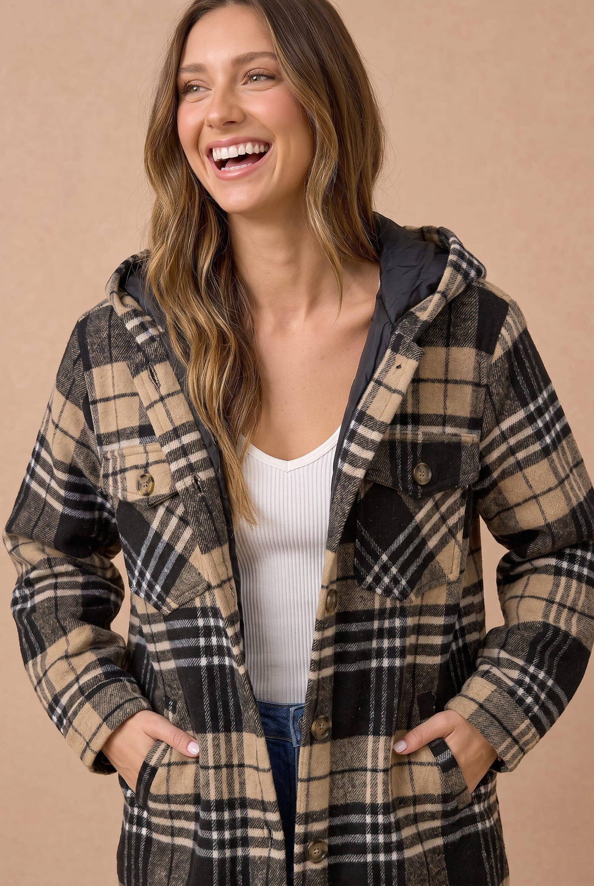 Haptics - Long Sleeve Plaid Button Up Hooded Jacket: KHAKI-BLACK / L