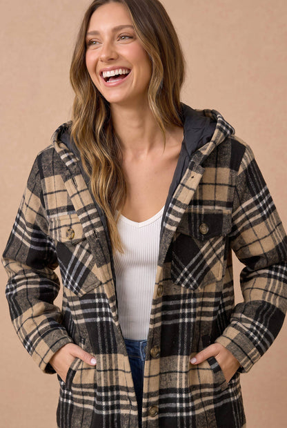 Haptics - Long Sleeve Plaid Button Up Hooded Jacket: KHAKI-BLACK / L