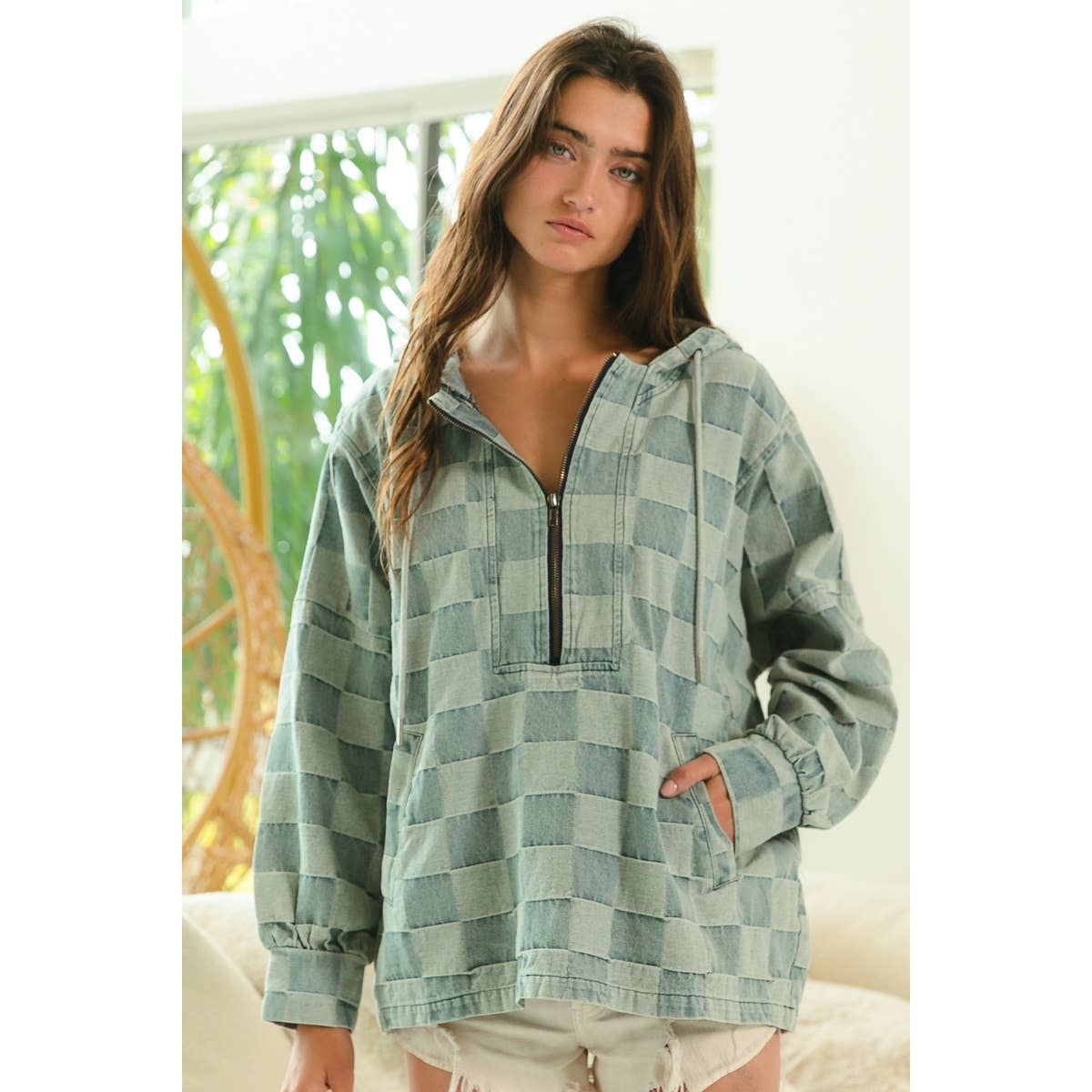 WASHED CHECKER DENIM HALF ZIP UP HOODIE