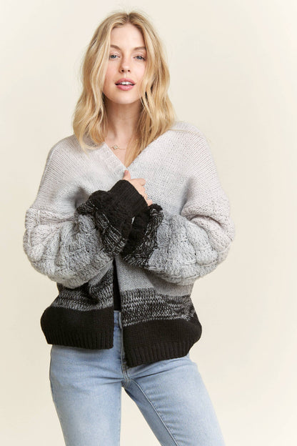 PUFF SLEEVES OMBRE SWEATER CARDIGAN: COFFEE