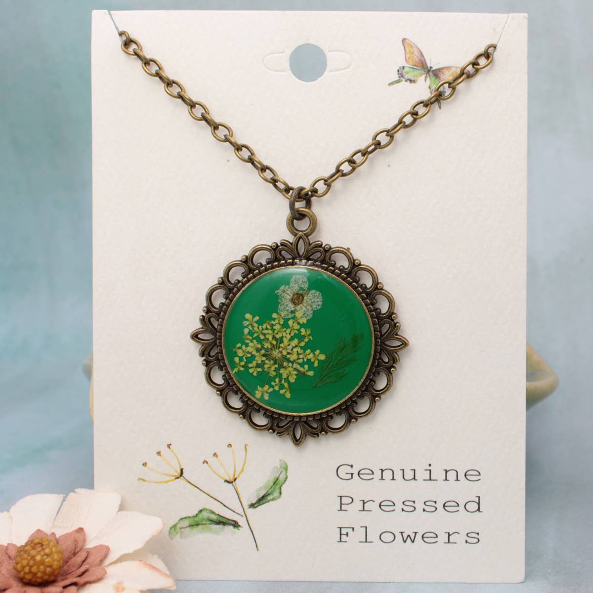 ZAD - Antique Gold Dried Flower Green Cameo Necklace