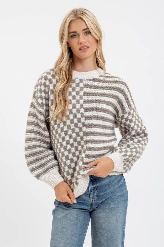 STRIPE AND CHECKERED CREWNECK KNIT SWEATER