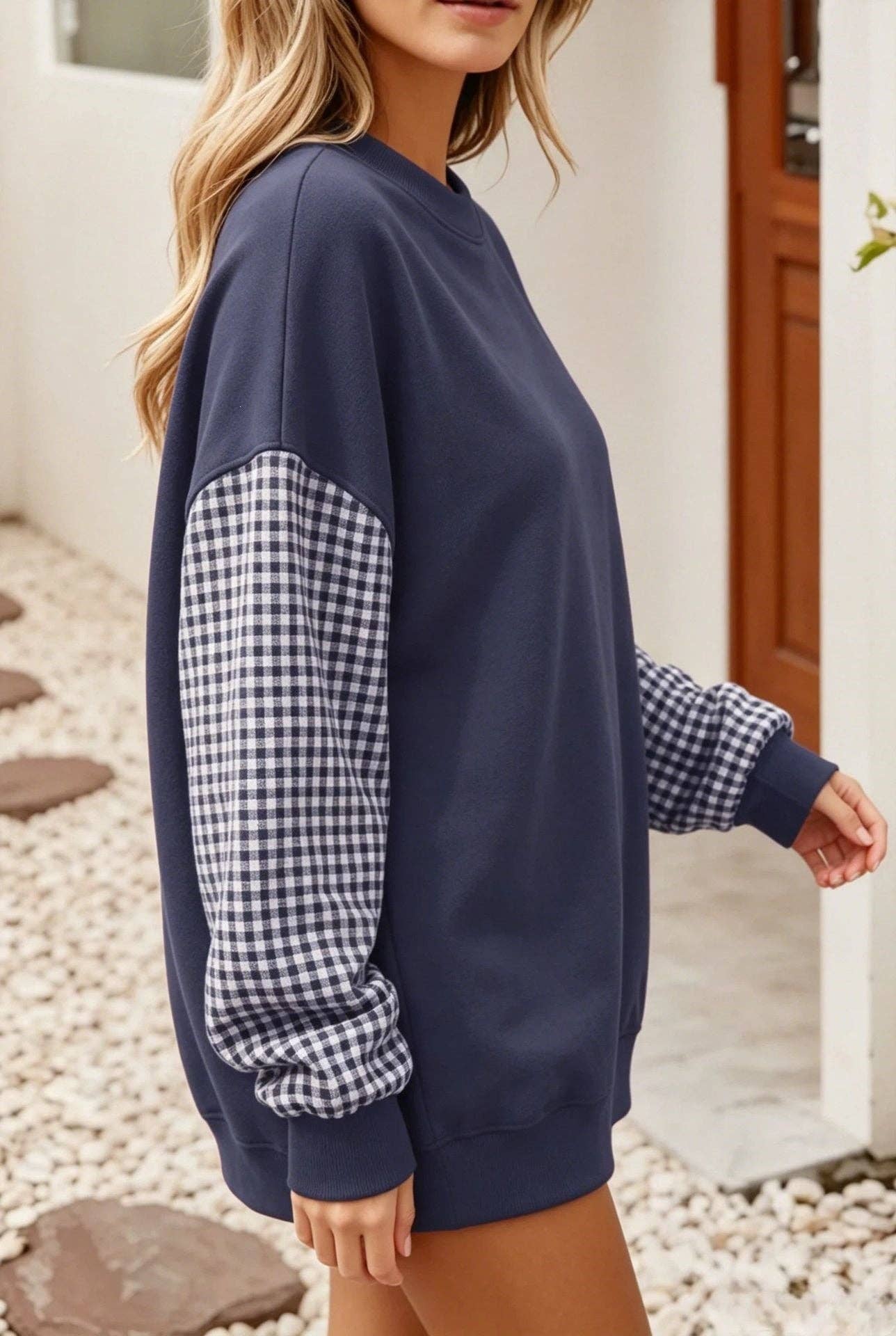 Lovesoft - Plaid Color Block Oversized Sweatshirt Casual Fall Pullover: Red / 65%Polyester+30%Viscose   +5%Elastane / M
