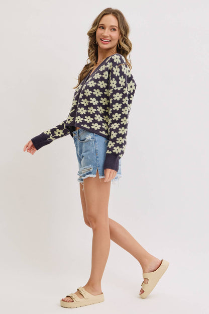 COZY PLAYFUL CASUAL FLORAL PRINT SWEATER KNIT CARDIGAN