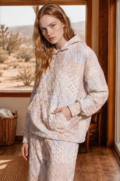 Blu Pepper - MULTI-PATTERN QUILTED PATCHWORK HOODIE PULLOVER: KHAKI MULTI