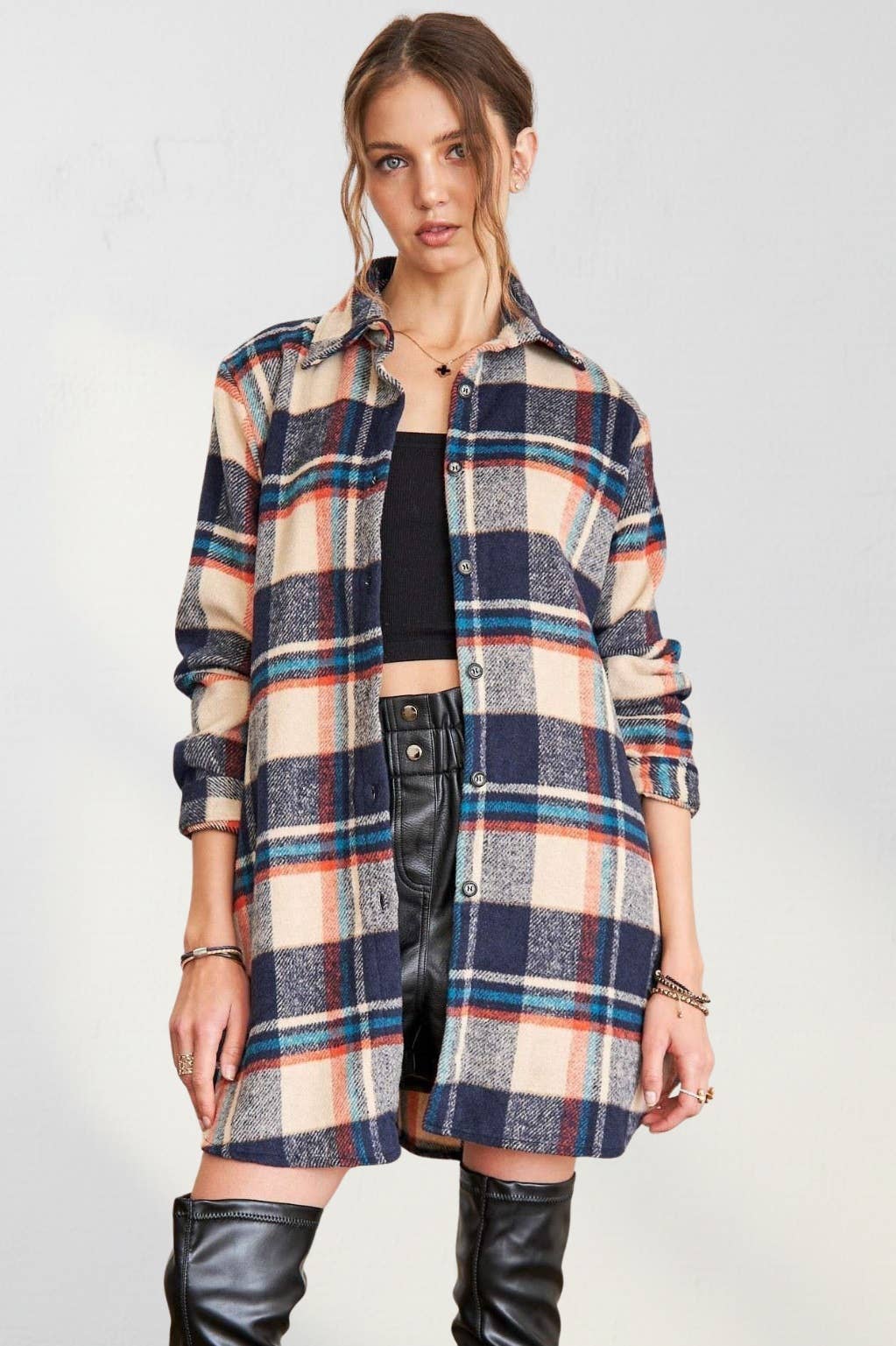 ADORA LA - CEJ1987A-CHECK FLANNEL SHIRT JACKET LONG SLEEVE: Green/Navy / S-M-L(2-2-2)