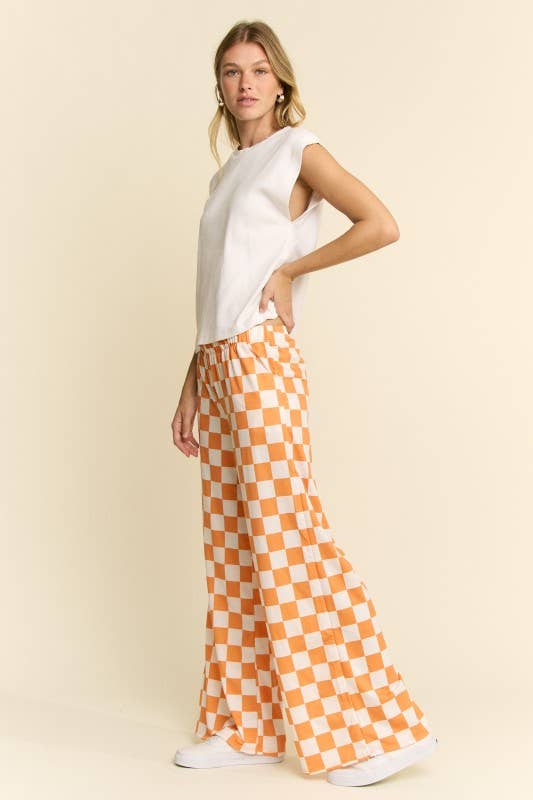 JADE BY JANE - HIGH WAIST CHECKERED STRAIGHT LEG KNIT PANTS: ORANGE/WHITE / XL