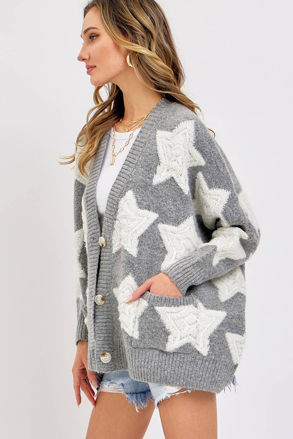 SOFT CHUNKY KNIT STAR SWEATER CARDIGAN