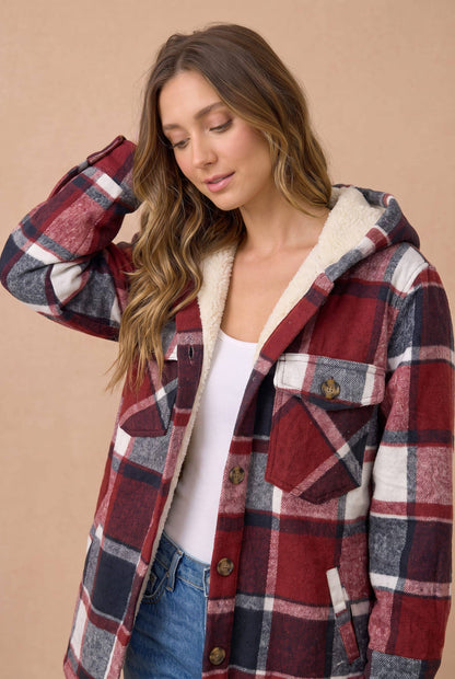 Haptics - Plaid Button Up Jacket With Fur Lined Hood: WINE / L