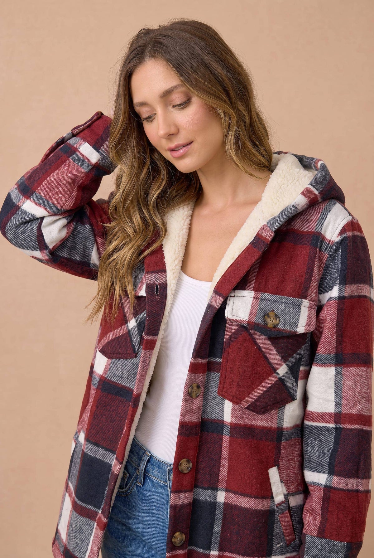 Haptics - Plaid Button Up Jacket With Fur Lined Hood: WINE / XL